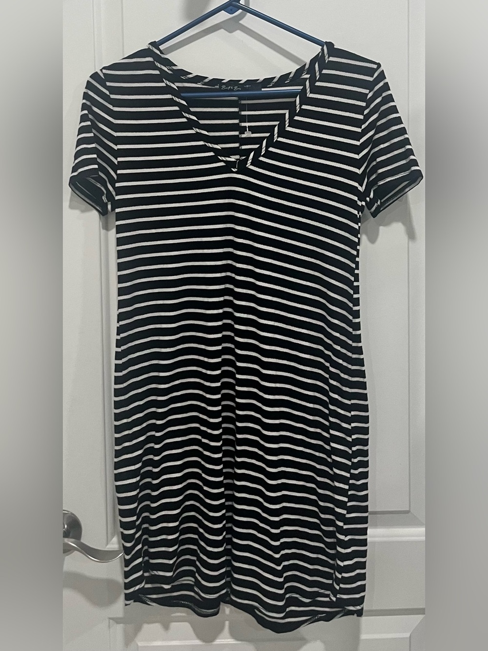 Black and White Striped V-Neck Mini Dress